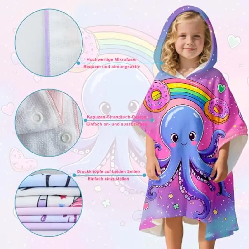 Rowjoy Poncho da bagno per bambini, in microfibra, ad asciugatura rapida, per ragazzi e ragazze, Polpo viola, 60-70 miniatura 2