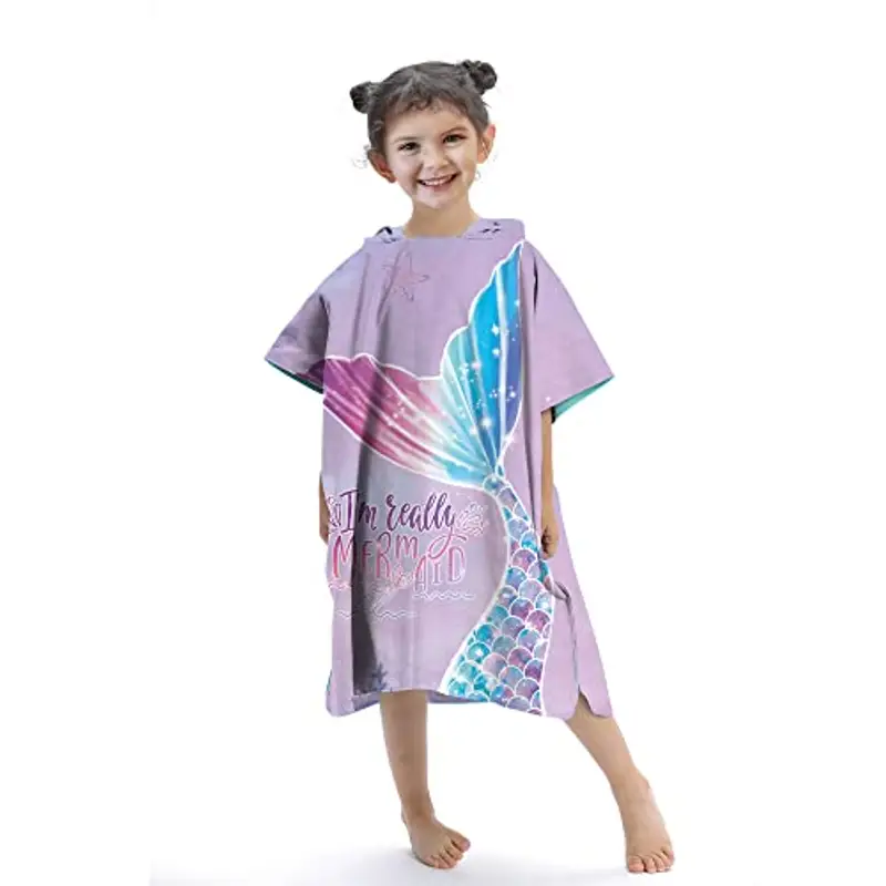 Rowjoy Poncho da bagno per bambini, simpatici asciugamani da spiaggia per bambini, motivo squisito in microfibra, poncho da bagno per bambini e ragazzi (Purple Mermaid)