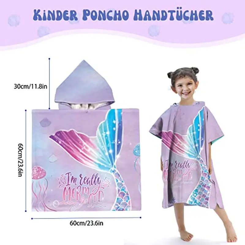 Rowjoy Poncho da bagno per bambini, simpatici asciugamani da spiaggia per bambini, motivo squisito in microfibra, poncho da bagno per bambini e ragazzi (Purple Mermaid) miniatura 2