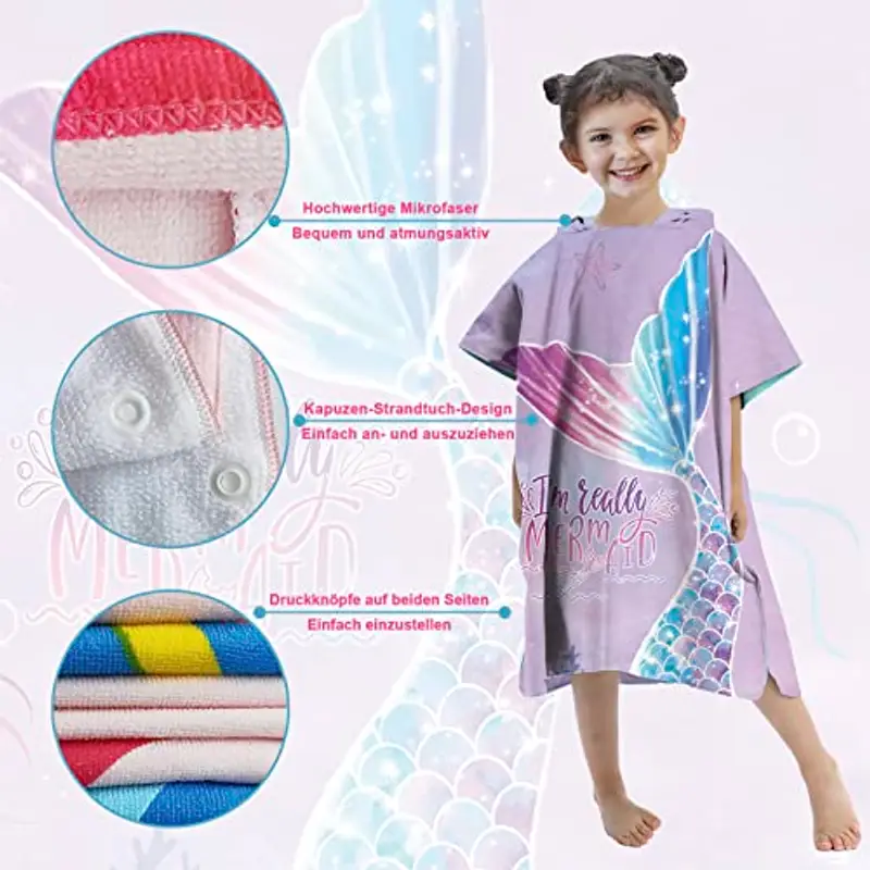Rowjoy Poncho da bagno per bambini, simpatici asciugamani da spiaggia per bambini, motivo squisito in microfibra, poncho da bagno per bambini e ragazzi (Purple Mermaid) miniatura 3