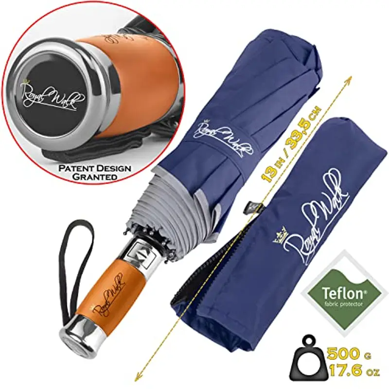 Royal Walk Ombrello da viaggio pieghevole antivento, compatto e resistente, con manico in vero legno, apertura automatica, chiusura automatica, doppia tettoia per uomini e donne, Blu scuro, L, Moderno miniatura 3