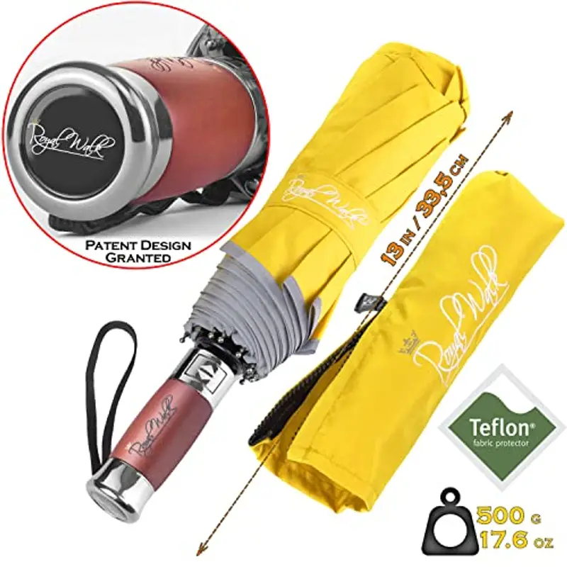 Royal Walk Ombrello da viaggio pieghevole antivento, compatto e resistente, con manico in vero legno, apertura automatica, chiusura automatica, doppia tettoia per uomini e donne, Giallo, L, Moderno miniatura 3