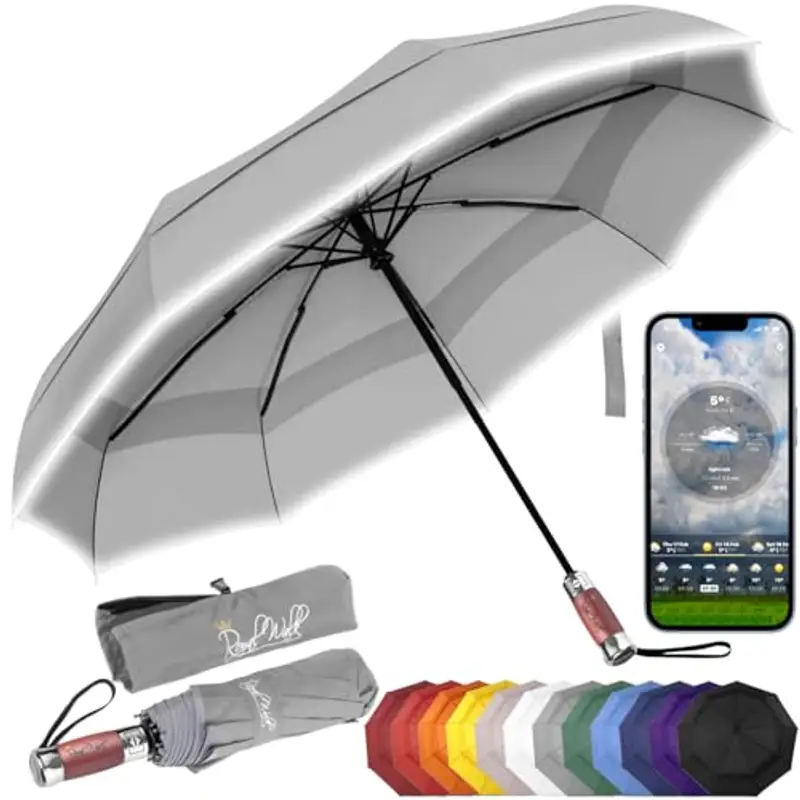 Royal Walk Ombrello da viaggio pieghevole antivento, compatto e resistente, con manico in vero legno, apertura automatica, chiusura automatica, doppia tettoia per uomini e donne, Grigio, L, Moderno