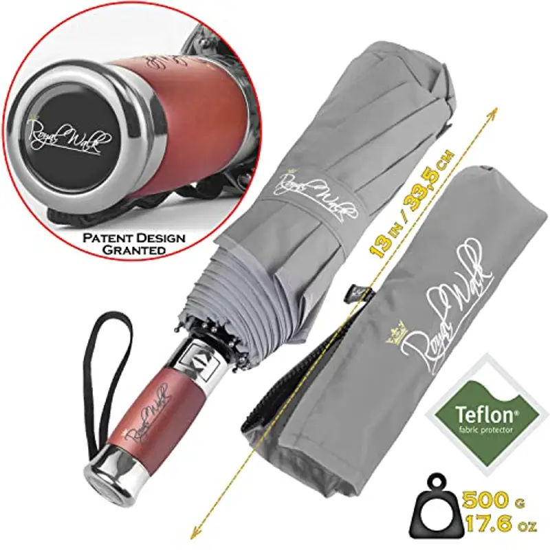 Royal Walk Ombrello da viaggio pieghevole antivento, compatto e resistente, con manico in vero legno, apertura automatica, chiusura automatica, doppia tettoia per uomini e donne, Grigio, L, Moderno miniatura 3
