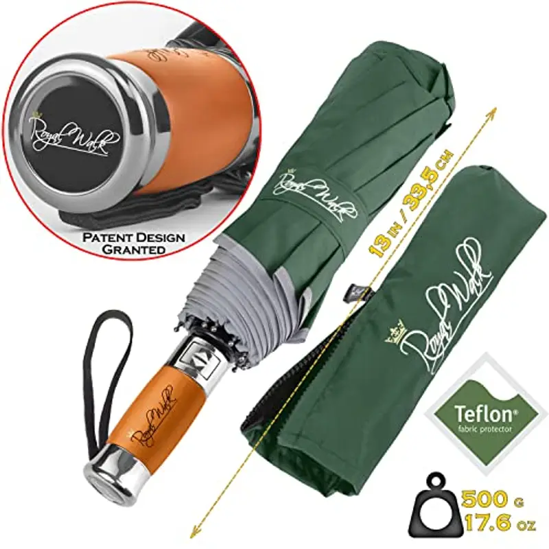 Royal Walk Ombrello da viaggio pieghevole antivento, compatto e resistente, con manico in vero legno, apertura automatica, chiusura automatica, doppia tettoia per uomini e donne, Verde scuro, L miniatura 3