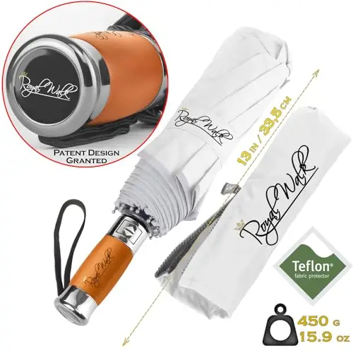 Royal Walk Ombrello Pieghevole Antivento Da Pioggia Compatto E Forte Lussuoso Vero Manico Di Legno Ombrello Portatile miniatura 3