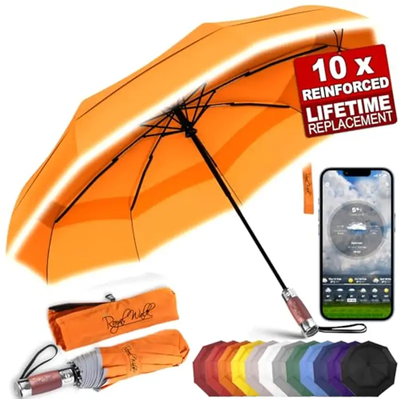 Royal Walk Ombrello Pieghevole Antivento Da Pioggia Compatto E Forte Lussuoso Vero Manico Di Legno Ombrello Portatile Automatico Aperto Chiuso Resistenti Ventilato Doppio Baldacchino Per Uomo e Donna