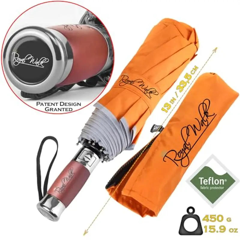 Royal Walk Ombrello Pieghevole Antivento Da Pioggia Compatto E Forte Lussuoso Vero Manico Di Legno Ombrello Portatile Automatico Aperto Chiuso Resistenti Ventilato Doppio Baldacchino Per Uomo e Donna miniatura 3