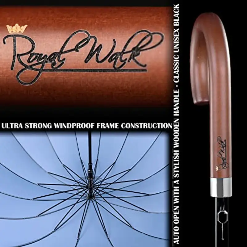 Royal Walk Ombrello Pioggia Antivento Grande 54 Pollici Ombrello Portatile Automatico Aperto Per 2 Persone Uomo Di Legno Leggero Resistente 16 Costole Golf Da Viaggio Impermeabile 120cm Blu Ardesia miniatura 3