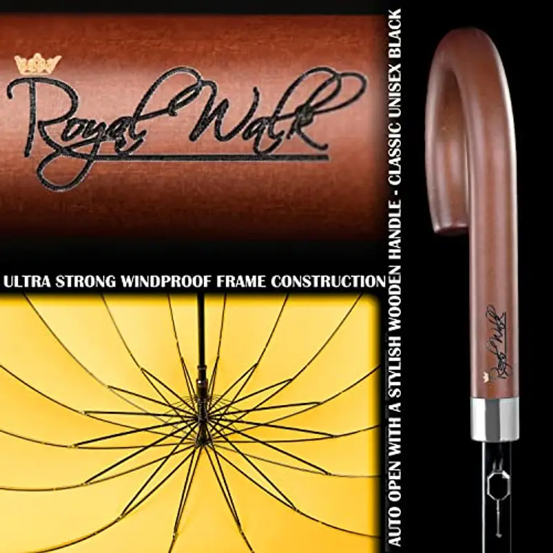 Royal Walk Ombrello Pioggia Antivento Grande 54 Pollici Ombrello Portatile Automatico Aperto Per 2 Persone Uomo Di Legno Leggero Resistente 16 Costole Golf Da Viaggio Impermeabile Robusto 120cm Giallo miniatura 3