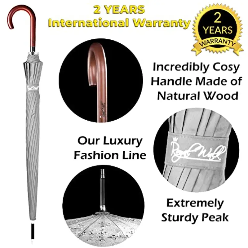 Royal Walk Ombrello Pioggia Antivento Grande 54 Pollici Ombrello Portatile Automatico Aperto Per 2 Persone Uomo Di Legno Leggero Resistente 16 Costole Golf Da Viaggio Impermeabile Robusto 120cm Grigio miniatura 2