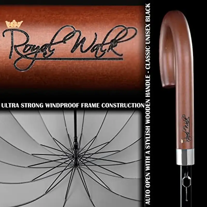 Royal Walk Ombrello Pioggia Antivento Grande 54 Pollici Ombrello Portatile Automatico Aperto Per 2 Persone Uomo Di Legno Leggero Resistente 16 Costole Golf Da Viaggio Impermeabile Robusto 120cm Grigio miniatura 3