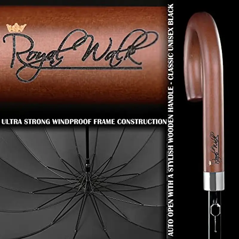 Royal Walk Ombrello Pioggia Antivento Nero Grande 54 Pollici Portatile Automatico Aperto Per 2 Persone Uomo Di Legno Leggero Resistente 16 Costole Golf Da Viaggio Impermeabile Robusto 120 cm miniatura 2