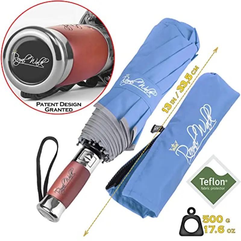 Royal Walk Ombrello tascabile, resistente alle tempeste, automatico, doppio parasole, piccolo e stabile, riflettente, con lussuoso manico in vero legno, per uomo e donna, Blu ardesia, L, Moderno miniatura 3