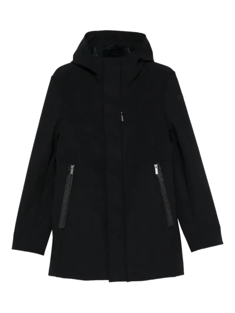 Cappotto nero con zip frontale e cappuccio