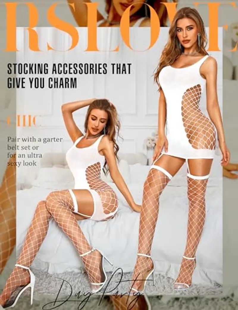 RSLOVE Intimo Donna Lingerie Babydoll Sexy Bodystocking a Rete Camicia da Notte Bianco miniatura 2