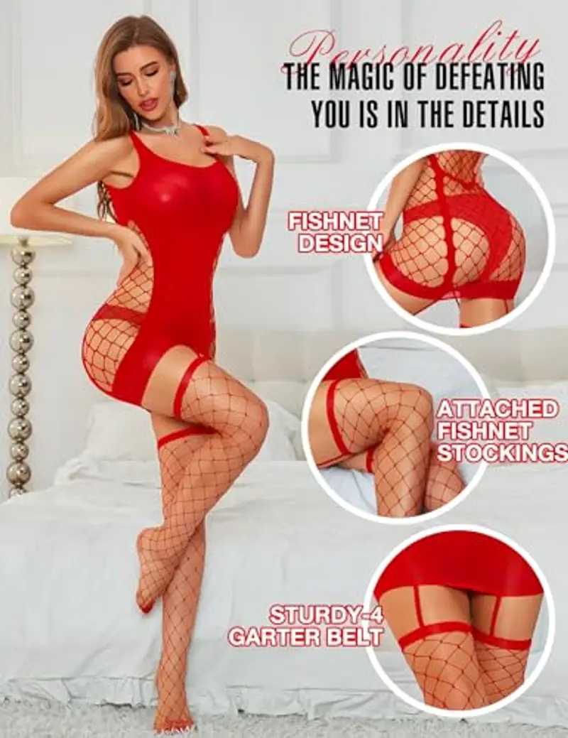 RSLOVE Intimo Donna Lingerie Babydoll Sexy Bodystocking a Rete Camicia da Notte Rosso miniatura 3