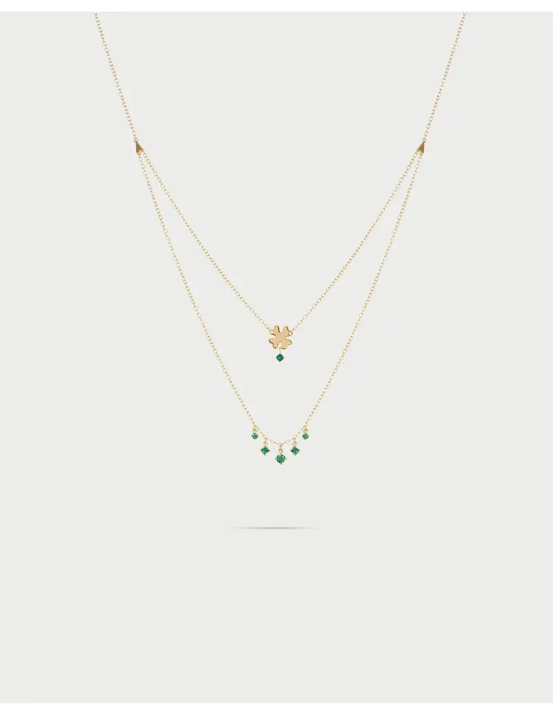 Girocollo double RUE DES MILLE Essence in argento 925 dorato Quadrifoglio e cristalli verdi GRZ-024 M4 QUAD AU