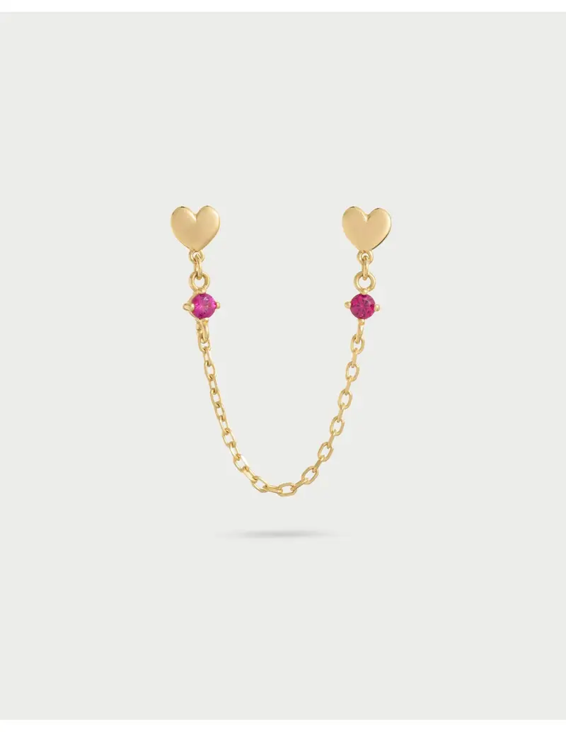 Orecchino double lobo catenella RUE DES MILLE Essence in argento 925 dorato Cuore e cristallo rosso ORZ-024 M2 CUO AU