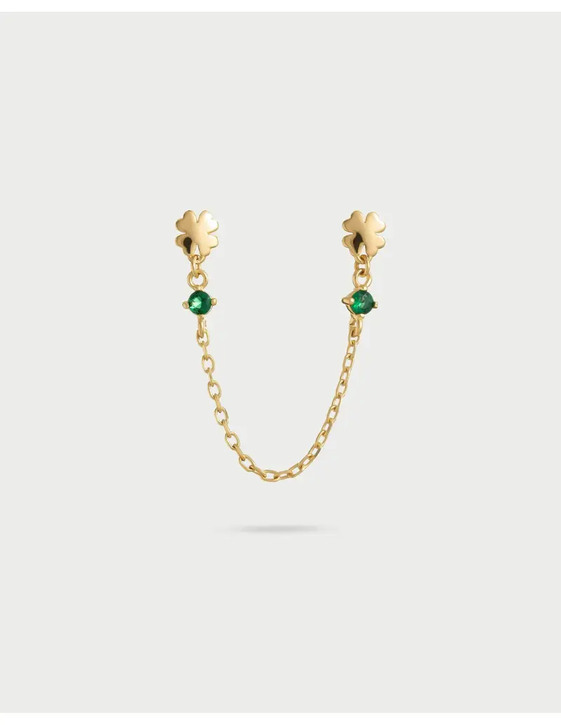 Orecchino double lobo catenella RUE DES MILLE Essence in argento 925 dorato Quadrifoglio e cristallo verde ORZ-024 M2 QUAD AU