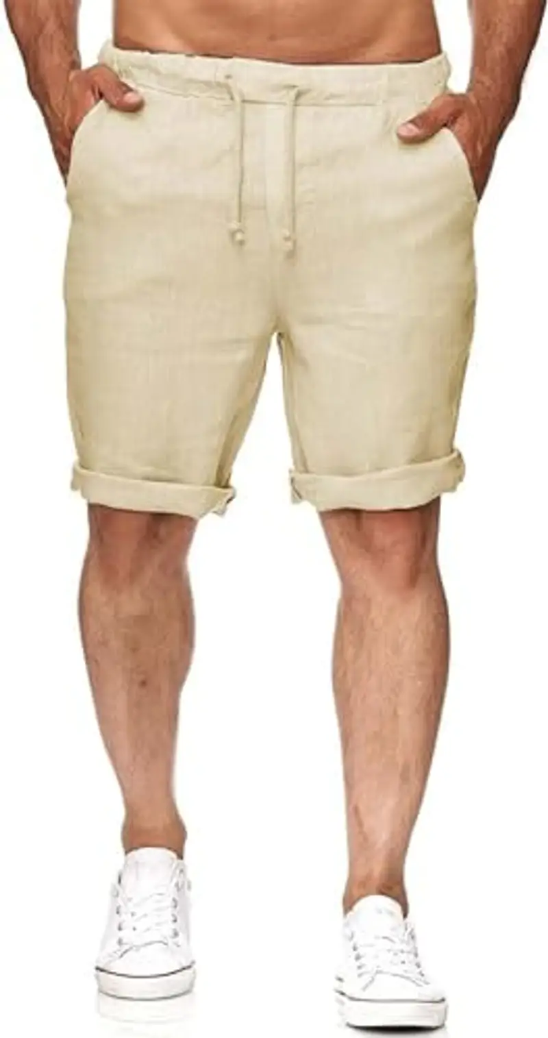Runcati Pantaloncini corti da uomo in lino, leggeri, estivi, con elastico, per il tempo libero, con 2 tasche, beige., L