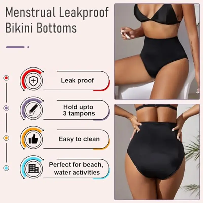 Runmeihe Costume da Bagno Mestruale per Ragazze e Adolescenti, Costumi da Bagno Bikini Neri a Vita Alta, Biancheria Intima Mestruale a Prova di Perdite (IT, Testo, S, Regular, Regular, Black) miniatura 3