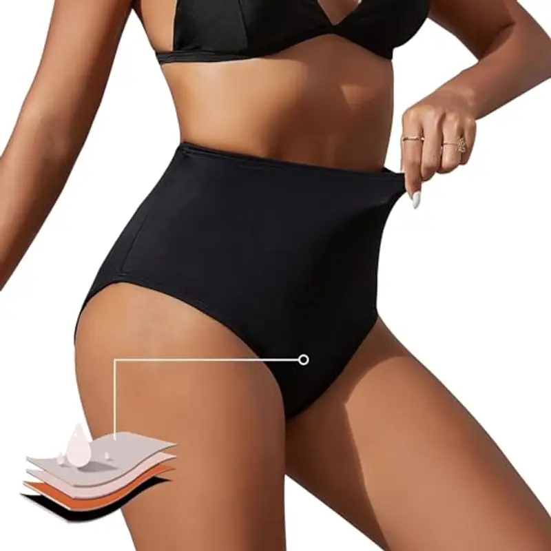 Runmeihe Costume da Bagno Mestruale per Ragazze e Adolescenti, Costumi da Bagno Bikini Neri a Vita Alta, Biancheria Intima Mestruale a Prova di Perdite (IT, Testo, XXL, Regular, Regular, Black)