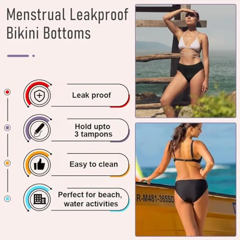 Runmeihe Pantaloni da Nuoto per Il Periodo, Costumi da Bagno per Bikini, Biancheria Intima Mestruale a Prova di Perdite, Pantaloni da Bagno a Vita Bassa (IT, Numero, 38, 40, Regular, Regular, Black) miniatura 3