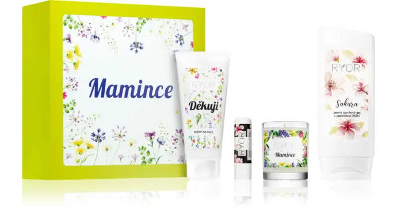 confezione regalo per le mamme balsamo labbra 4.5 g + gel doccia delicato 200 ml + Děkuji crema per le mani 100 ml + candela 65 g