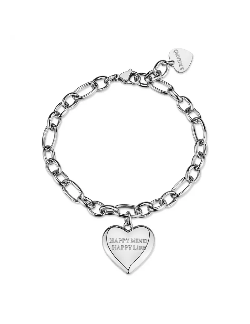 Bracciale S'AGAPO Be My Always SBM91 in acciaio 316L con pendente cuore incisione HAPPY MIND HAPPY LIFE