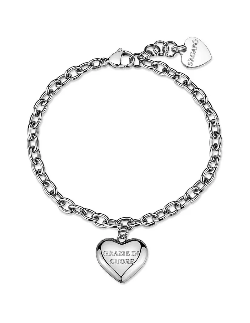 Bracciale S'AGAPO Be My Always SBM96 in acciaio 316L con pendente cuore incisione GRAZIE DI CUORE