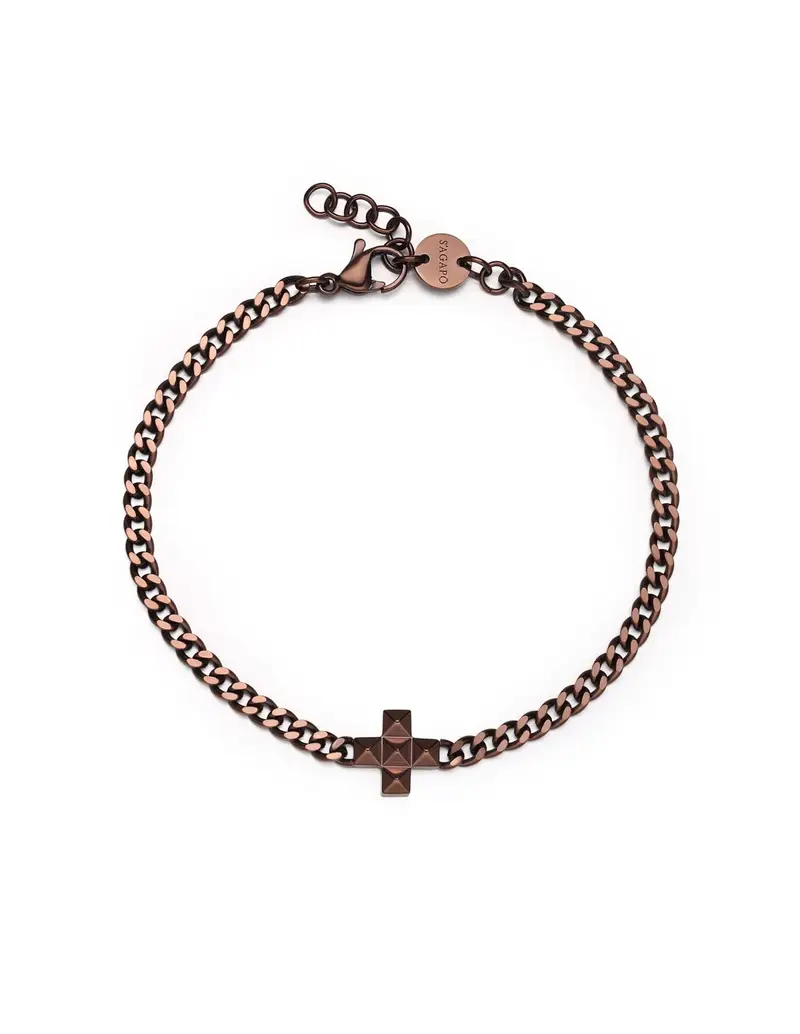 BraccialeUomo S'AGAPO Proud SPD34 in acciaio 316L finitura pvd colore marrone con pendente a forma di croce