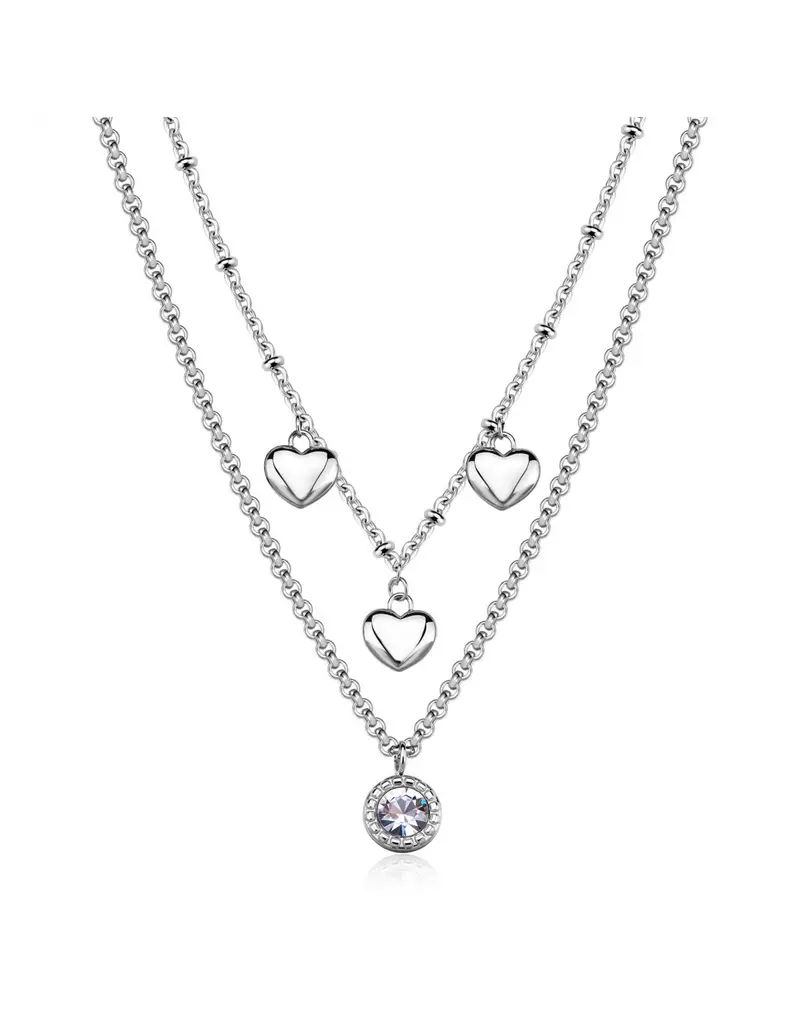 Collana doppio Filo S'AGAPO Aurora SAR58 in acciaio 316L dorato con cuori pendente e cristallo