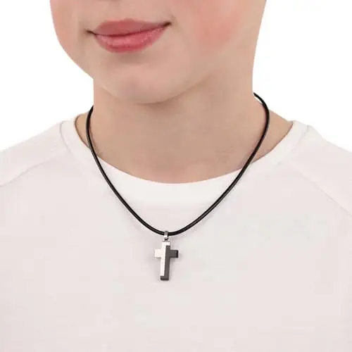 s.Oliver Collana con Ciondolo in Acciaio inox Collana per bambini in pelle, 40+3 cm, Argento, croce, Viene fornita in miniatura 2
