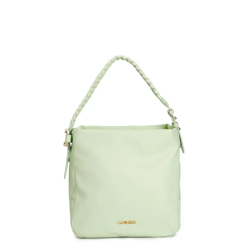sacca a spalla morbida con tracolla a treccia, accessorio smaltato e fermagli verde