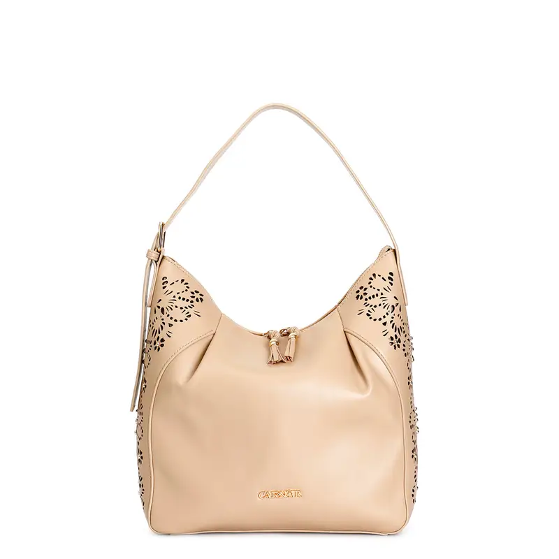 sacca con pieghe, laseratura floreale, rivetti decorativi e manico regolabile tortora