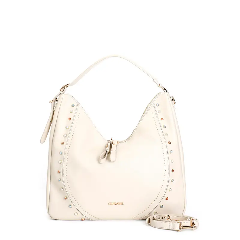 sacca con pietre cabochon, mini rivetti, manico imbottito e tracolla avorio