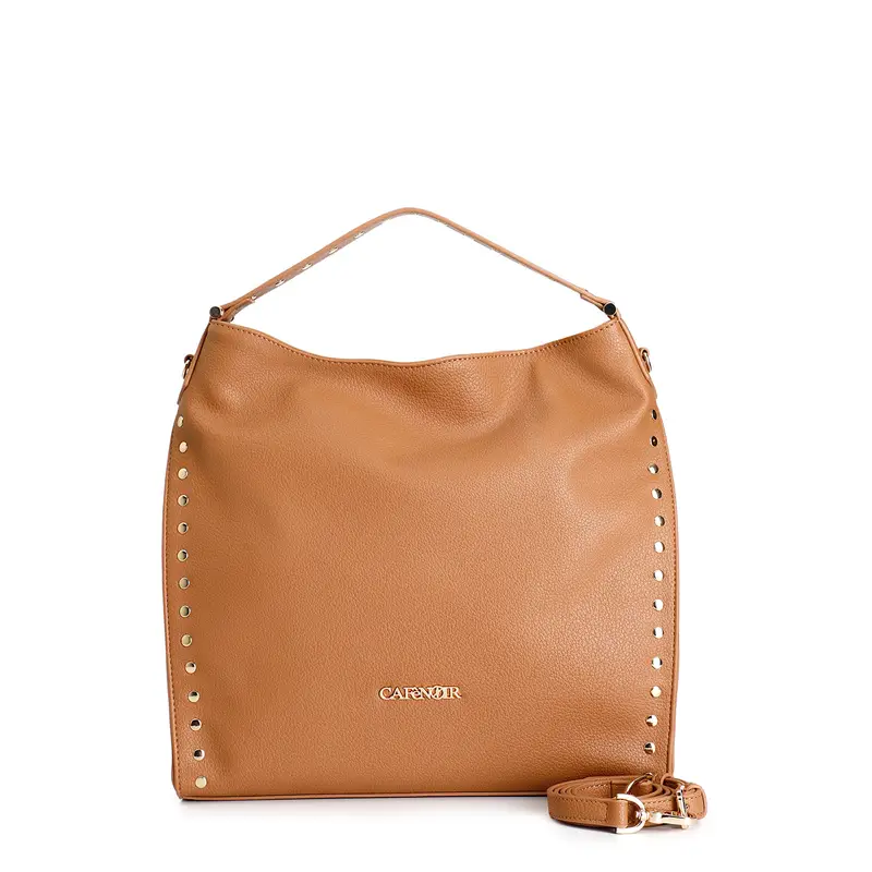 sacca morbida con applicazione rivetti e attacchi manico in metallo camel