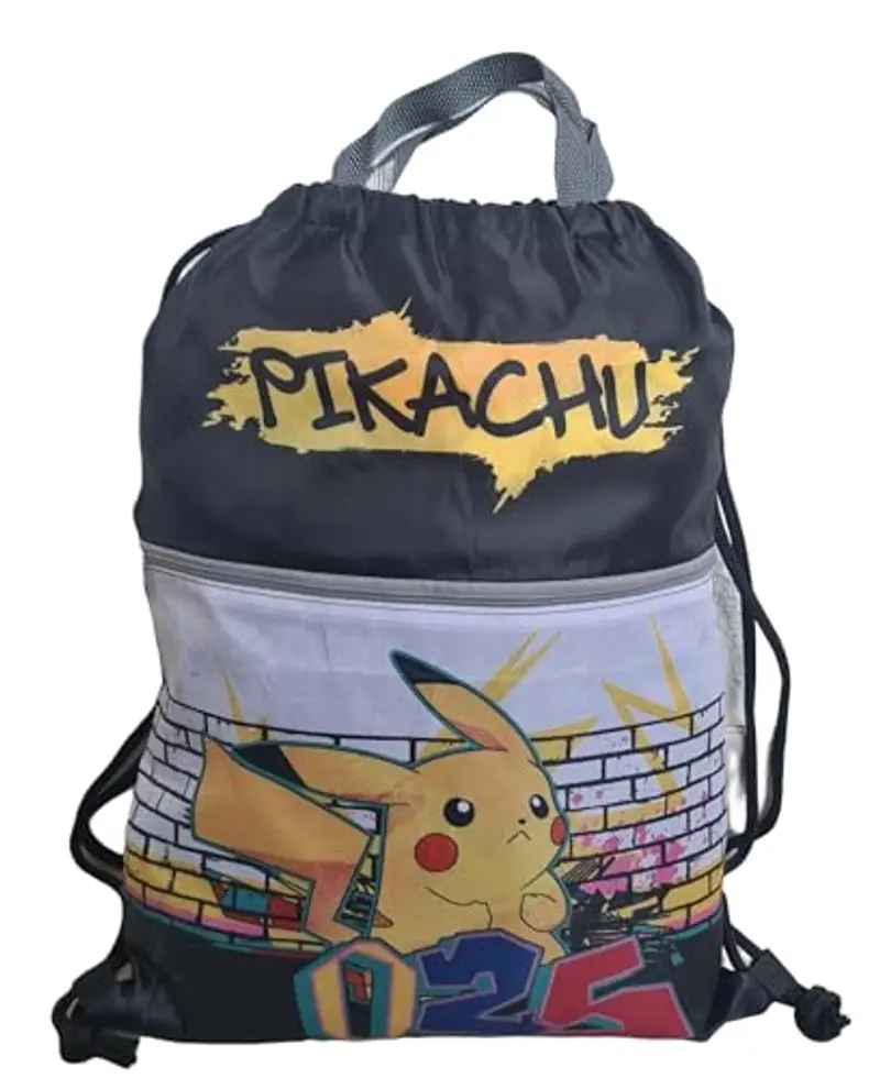 Sacca Sportiva con manici e tasca per Bambino, Borsa Coulisse Zaino per Asilo, Palestra, Piscina, Viaggio, Portascarpe (per POKEMON)