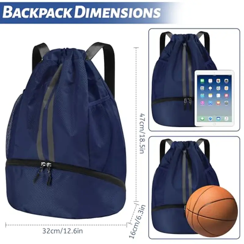 Sacca sportiva per uomini, donne e bambini, compartimento scarpe separato, design con cordino, sacca palestra con miniatura 2