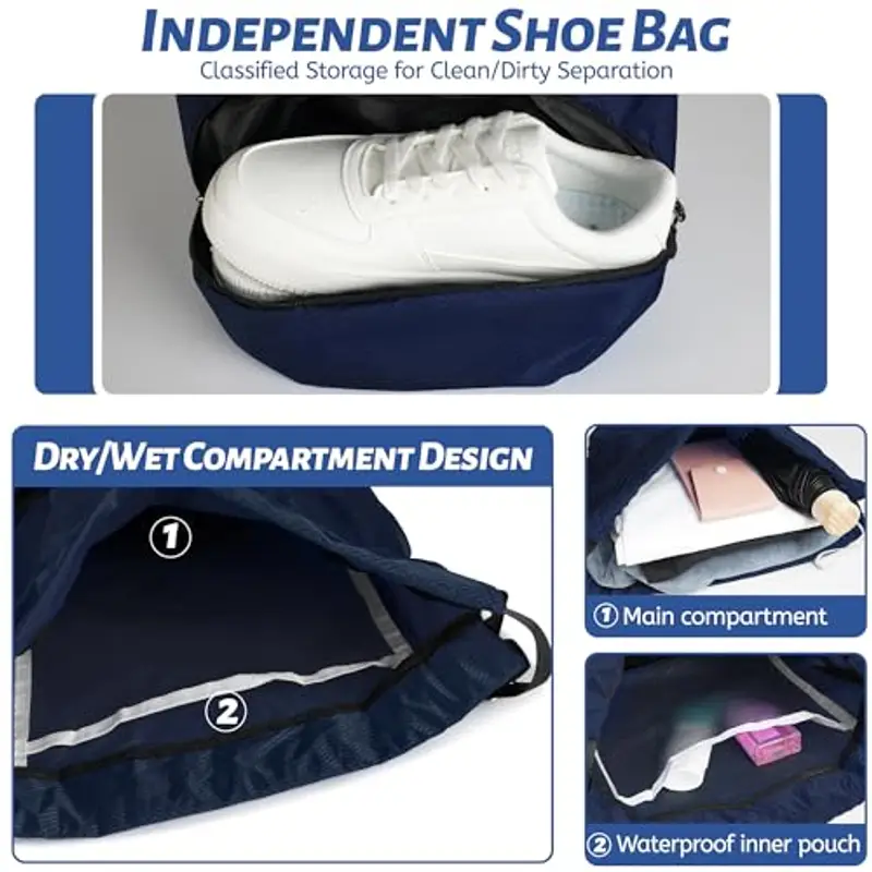 Sacca sportiva per uomini, donne e bambini, compartimento scarpe separato, design con cordino, sacca palestra con miniatura 3
