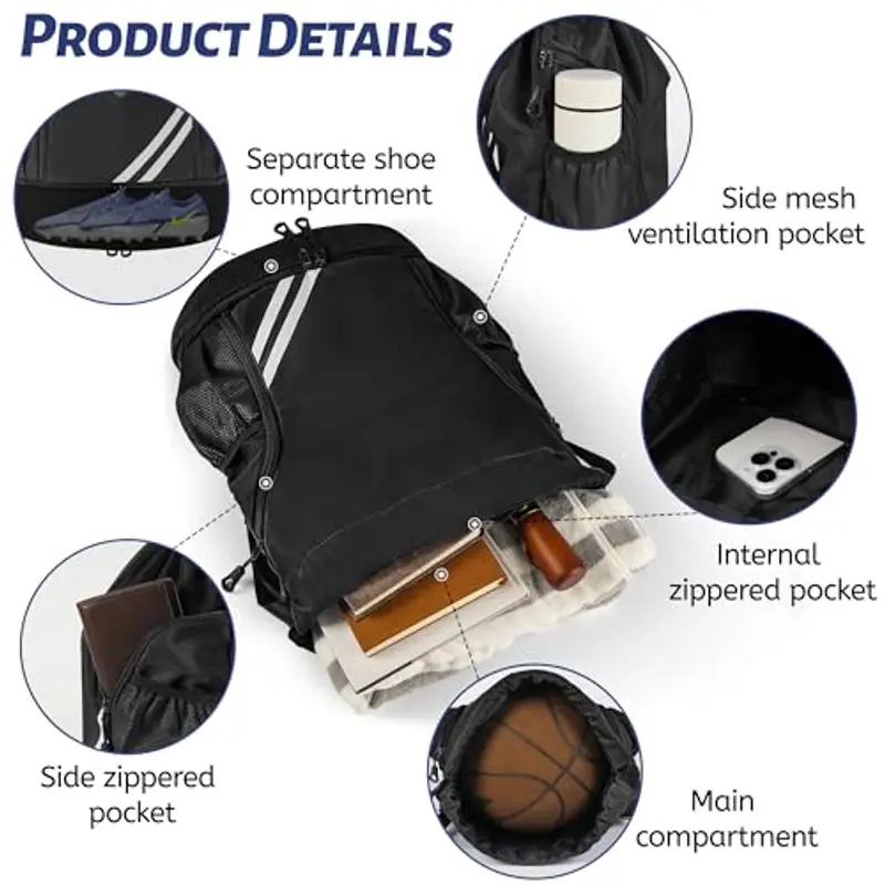 Sacca sportiva per uomini, donne e bambini, con compartimento scarpe separato, tasca principale e tasca interna, sacca miniatura 3