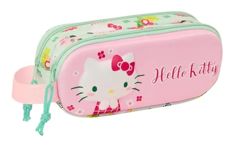 safta Hello Kitty 3D - Astuccio doppio 3D, astuccio per bambini, ideale per bambini in età scolastica, comodo e versatile, qualità e resistenza, 21 x 6 x 8 cm, colore: rosa/verde, rosa/verde,