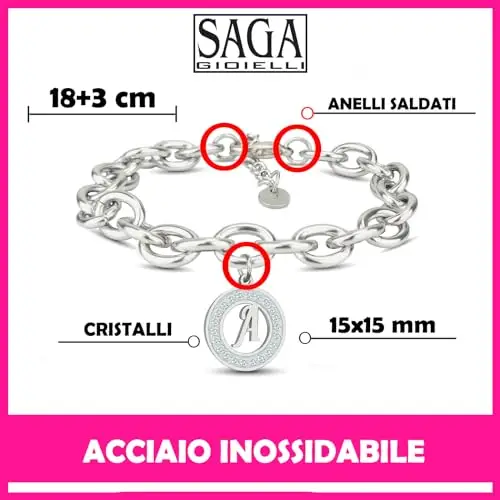 SAGA GIOIELLI® Bracciale Donna Catena Iniziali Cristalli Acciaio miniatura 3