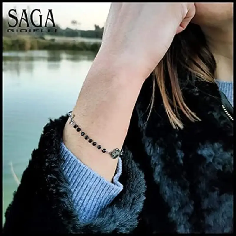 SAGA GIOIELLI® Bracciale Donna Uomo Rosario Cristalli Neri Acciaio miniatura 2