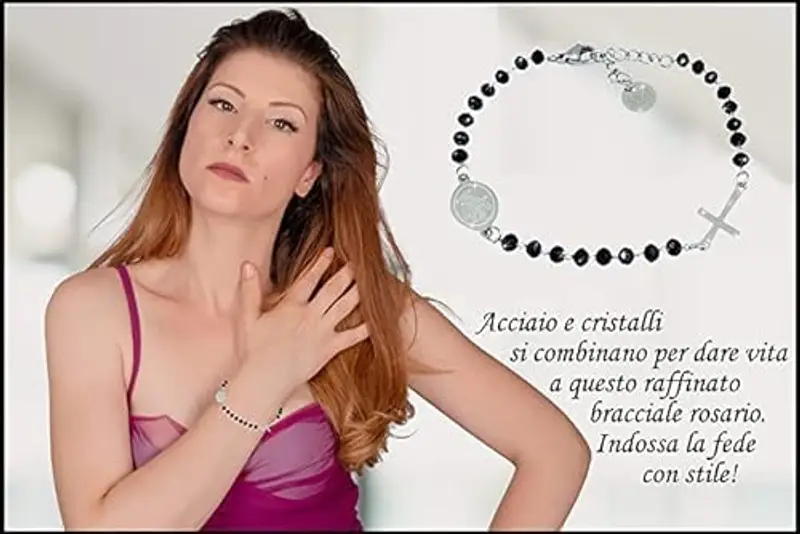 SAGA GIOIELLI® Bracciale Donna Uomo Rosario Cristalli Neri Acciaio miniatura 3