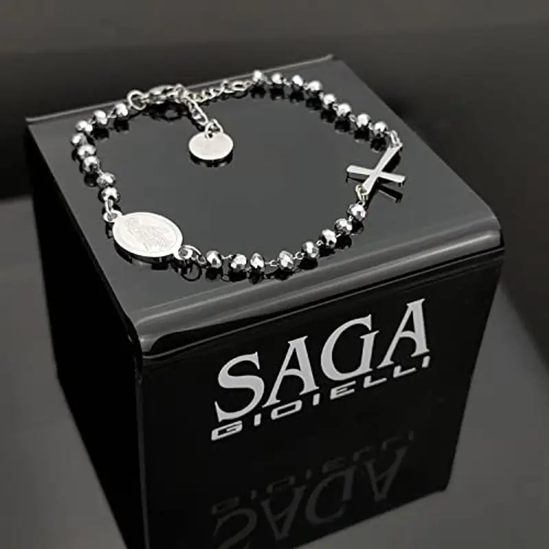 SAGA GIOIELLI® Bracciale Rosario Cristalli Argentati Acciaio Unisex miniatura 2