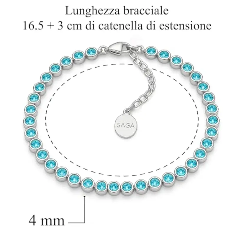 SAGA GIOIELLI® Bracciale Tennis Unisex in Acciaio Inossidabile, Lunghezza 16, 5+3 cm, Zirconi da 4 mm, Regolabile – Elegante e Resistente, Idea Regalo Uomo Donna (CELESTE) miniatura 2