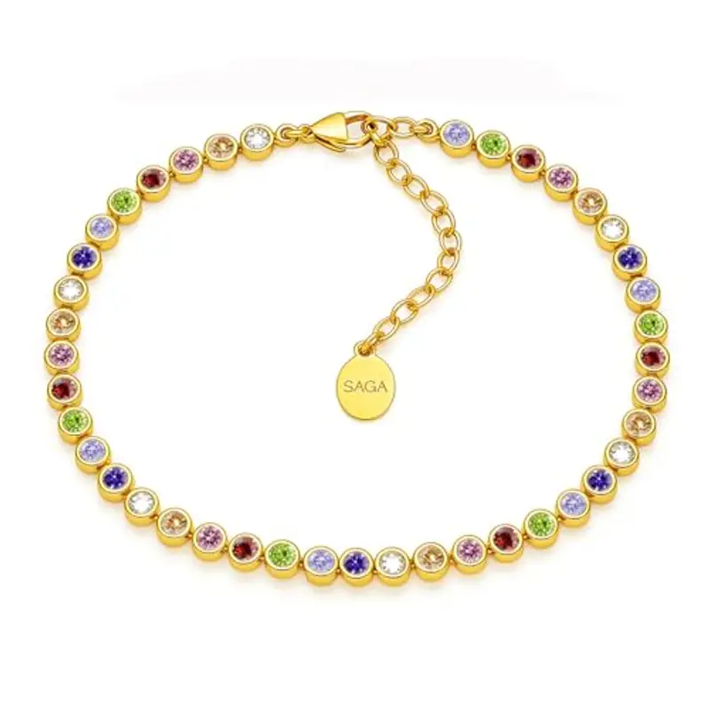 SAGA GIOIELLI® Bracciale Tennis Unisex in Acciaio Inossidabile, Lunghezza 16,5+3 cm, Zirconi da 4 mm, Regolabile – Elegante e Resistente, Idea Regalo Uomo Donna (DORATO MULTICOLOR)