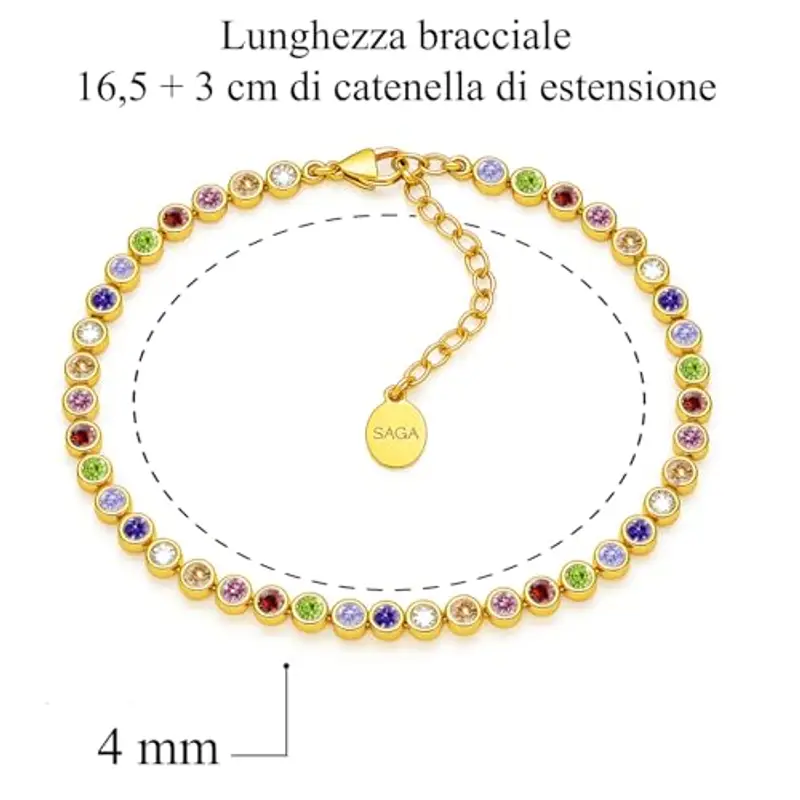 SAGA GIOIELLI® Bracciale Tennis Unisex in Acciaio Inossidabile, Lunghezza 16, 5+3 cm, Zirconi da 4 mm, Regolabile – Elegante e Resistente, Idea Regalo Uomo Donna (DORATO MULTICOLOR) miniatura 2